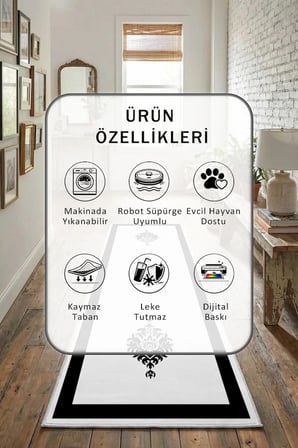 Black Punto Tek Çerçeve Beyaz Siyah Salon Mutfak Yatak Odası Dijital Baskı Yolluk Halı Beya
