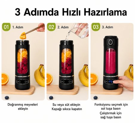 12 Bıçaklı Taşınabilir Blender 600 ml Usb-C Şarjlı Smoothie ve Meyve Sıkacağı Dijital Ekranlı