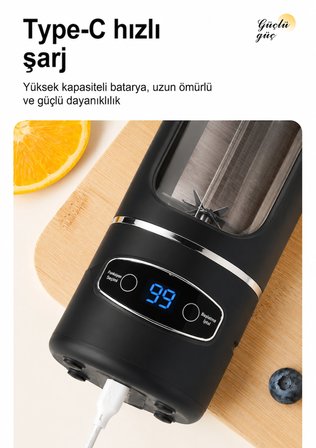 12 Bıçaklı Taşınabilir Blender 600 ml Usb-C Şarjlı Smoothie ve Meyve Sıkacağı Dijital Ekranlı