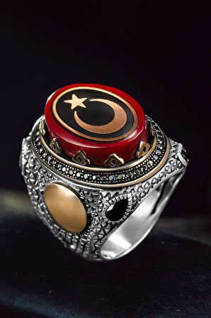 Erkek Gümüş Yüzük - Harf Yazılabilir Kehribar Taşı Ay Yıldız İşlemeli Erkek Yüzük