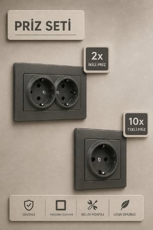 Duvar Prizi Topraklı Ev Seti Füme 16A 250V Monofaze İç Mekan Elektrik Prizi Standart Tip