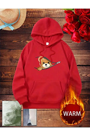 Fermuar Desenli Kedili Kapüşonlu Oversize Sweatshirt