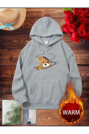 Fermuar Desenli Kedili Kapüşonlu Oversize Sweatshirt