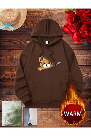 Fermuar Desenli Kedili Kapüşonlu Oversize Sweatshirt