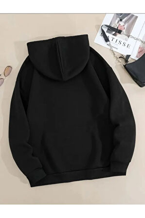 Fermuar Desenli Kedili Kapüşonlu Oversize Sweatshirt