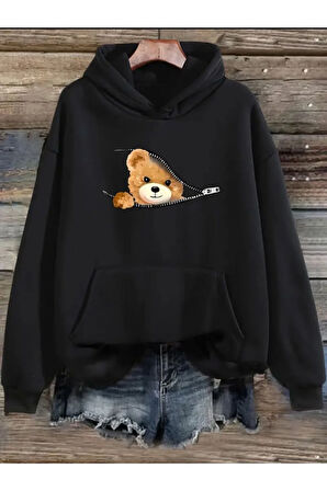 Fermuar Desenli Kedili Kapüşonlu Oversize Sweatshirt