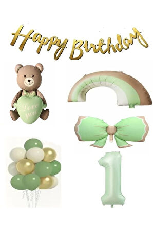 retro yeşil fiyonk gökkuşağı folyo balonlu yaş balon set