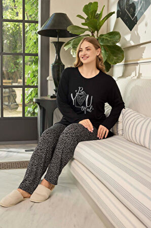 Aydoğan Kadın inci Büyük Beden Be You Tiful Siyah Pijama Takım 0661