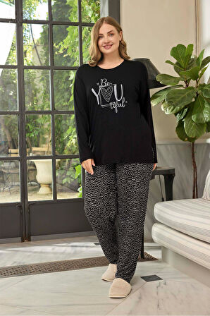 Aydoğan Kadın inci Büyük Beden Be You Tiful Siyah Pijama Takım 0661