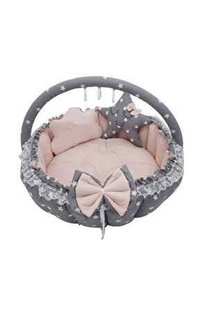 Gri Yıldız Pudra Tasarım Babynest Lüx Oyun Minderi Oyuncak Aparat Set
