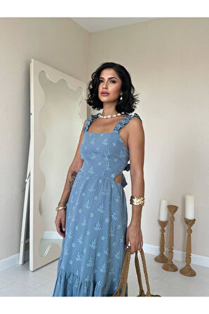 Kolu fırfırlı arkadan bağlama detaylı müslin  kumaş uzun elbise