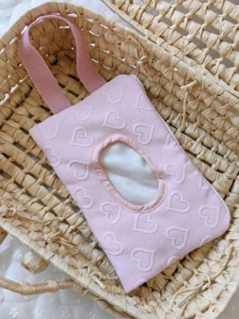 Pembe Kalp Desenli  Kumaş Islak Mendil Çantası