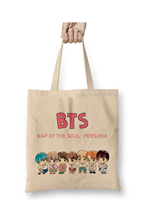 Kpop Bts Chibi Map Of The Soul Persona Beyaz Bez Çanta Uzun Saplı Alışveriş Çantası Plaj Çantası
