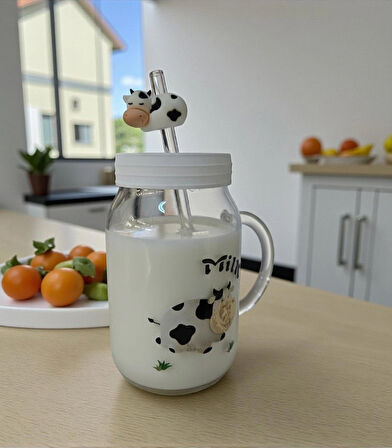  İnek Desenli Pipetli Süt Kupası Büyük Cam Kupa