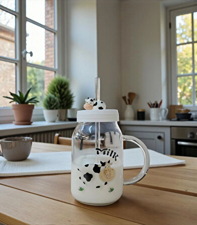 İnek Desenli Pipetli Süt Kupası Büyük Cam Kupa