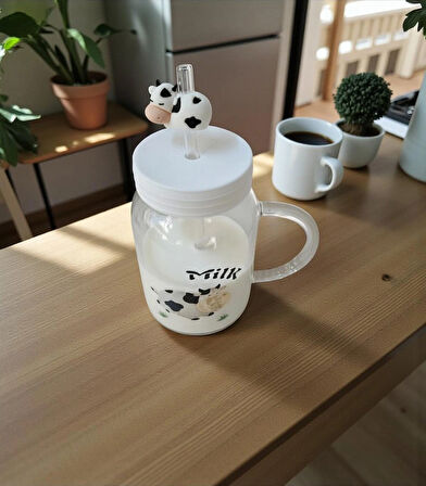  İnek Desenli Pipetli Süt Kupası Büyük Cam Kupa