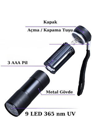 UV-101 Ultraviyole Mor Işık Fener, 365 Nm Uv El Feneri, Değerli Taş Tespit Uv Fener 9 LED