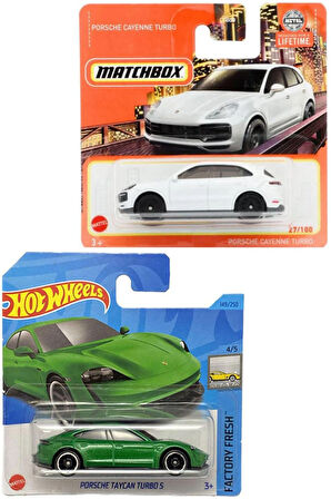 2 Araç Porsche Set - Hot Wheels Taycan Turbo S & Matchbox Cayenne Turbo (1/64)