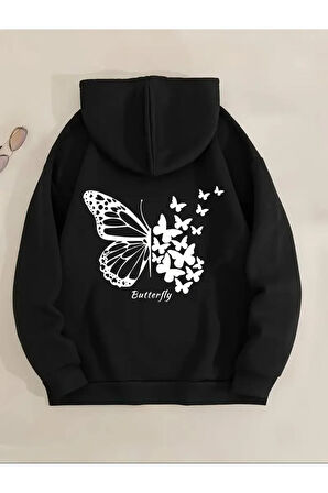 Kelebek Desenli Kapüşonlu Cepli Sweatshirt