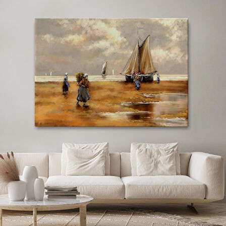 Balıkçılar ve Sahildeki Yelkenli Duvar Tablosu-3548