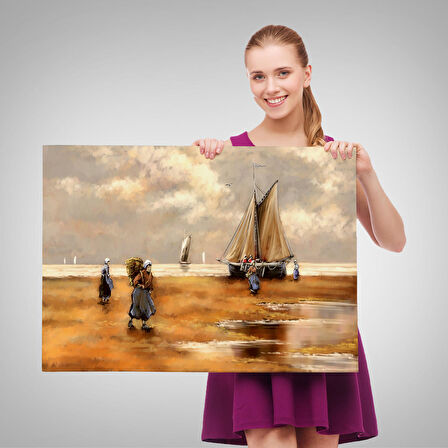 Balıkçılar ve Sahildeki Yelkenli Duvar Tablosu-3548