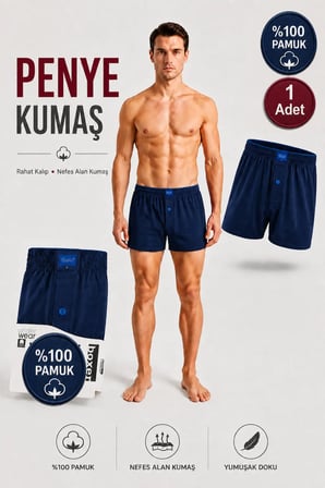 Erkek Penye Boxer %100 Pamuk 1 Adet (Tutku Yetkili Satıcısı) Havlu Bel Düğmeli Pamuklu Rahat Kalıp Nefes Alan Kumaş - Siyah