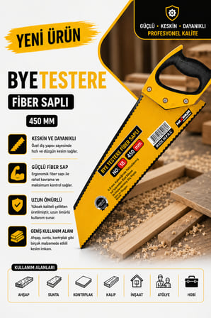 Fiber Saplı Testere Ahşap Sunta Kontrplak Kesim Testere Dayanıklı Çelik Gövdeli El Testeresi - 450 mm