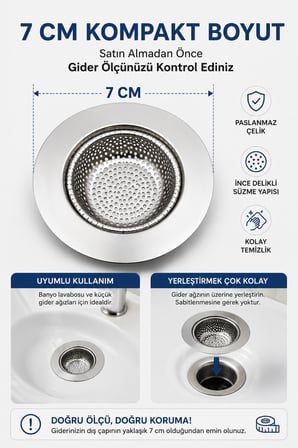 Paslanmaz Çelik Lavabo Süzgeci 7 cm İnce Delikli Gider Süzgeci Saç ve Kalıntı Tutucu Kolay Temizlenebilir