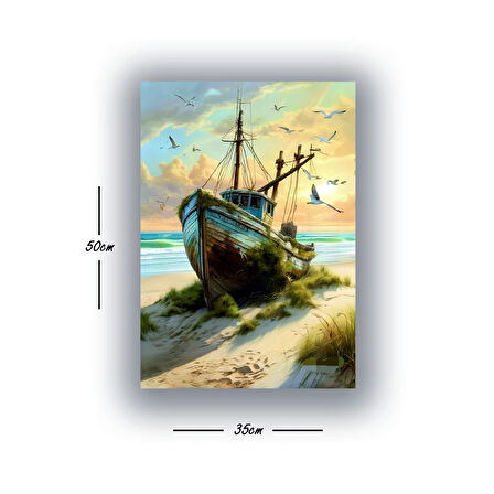 eski tekne kuşlar sahil plaj baskılı kanvas duvar tablosu
