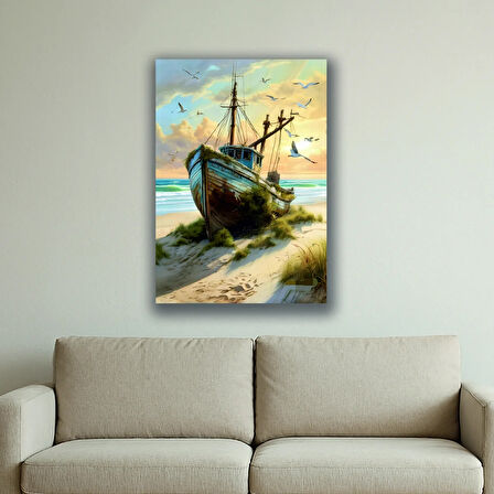 eski tekne kuşlar sahil plaj baskılı kanvas duvar tablosu