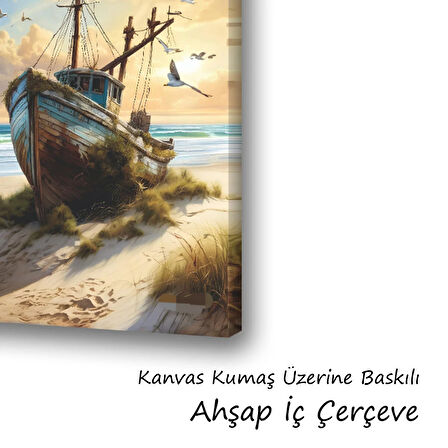 eski tekne kuşlar sahil plaj baskılı kanvas duvar tablosu