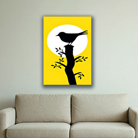 dal yaprak kuş silüet baskılı kanvas duvar tablosu