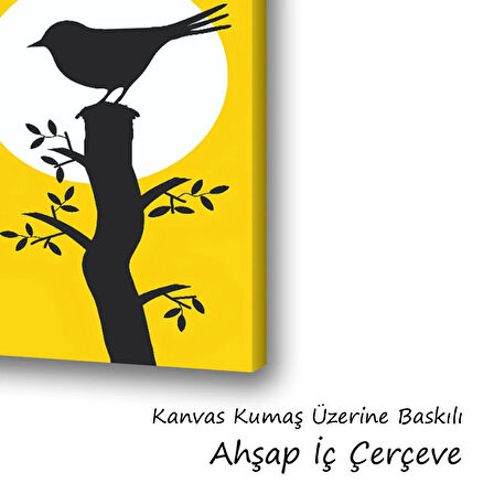 dal yaprak kuş silüet baskılı kanvas duvar tablosu