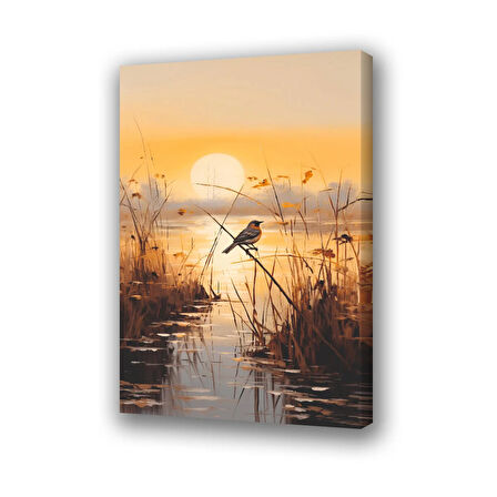 göl gün batımı sazlık kuş baskılı kanvas duvar tablosu