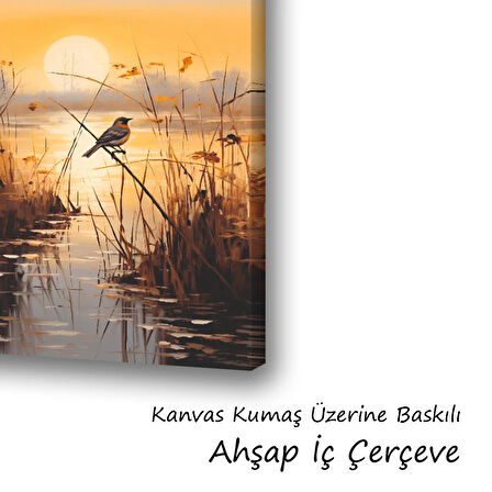 göl gün batımı sazlık kuş baskılı kanvas duvar tablosu