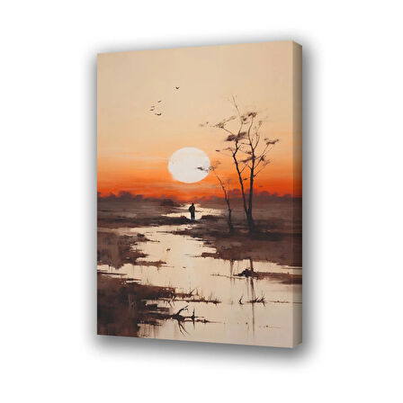 gün batımı göl kuşlar balık tutan adam baskılı kanvas duvar tablosu