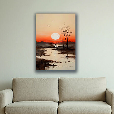 gün batımı göl kuşlar balık tutan adam baskılı kanvas duvar tablosu