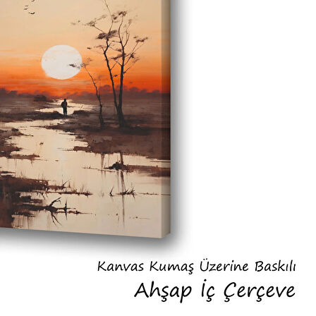 gün batımı göl kuşlar balık tutan adam baskılı kanvas duvar tablosu