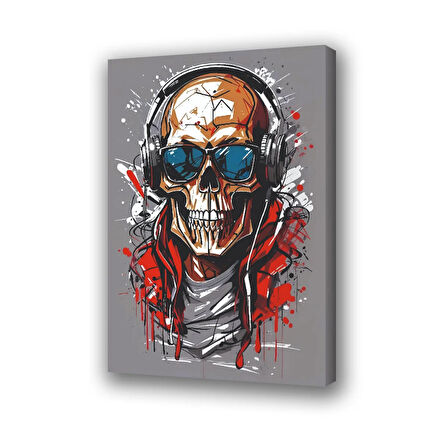 iskelet surat dj kulaklıklı gözlüklü baskılı kanvas duvar tablosu