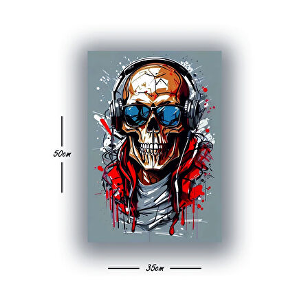 iskelet surat dj kulaklıklı gözlüklü baskılı kanvas duvar tablosu