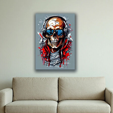 iskelet surat dj kulaklıklı gözlüklü baskılı kanvas duvar tablosu