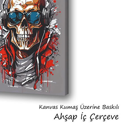 iskelet surat dj kulaklıklı gözlüklü baskılı kanvas duvar tablosu