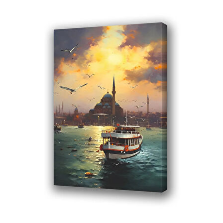 tekne boğaz manzarası martılar camiler baskılı kanvas duvar tablosu