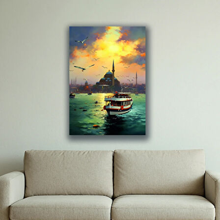 tekne boğaz manzarası martılar camiler baskılı kanvas duvar tablosu