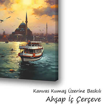 tekne boğaz manzarası martılar camiler baskılı kanvas duvar tablosu