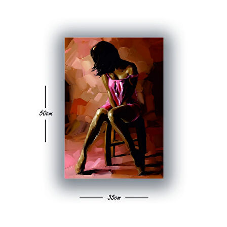 pembe elbiseli kadın sandalye baskılı kanvas duvar tablosu