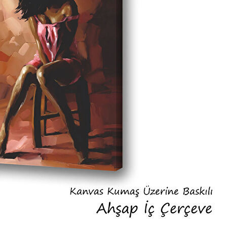 pembe elbiseli kadın sandalye baskılı kanvas duvar tablosu