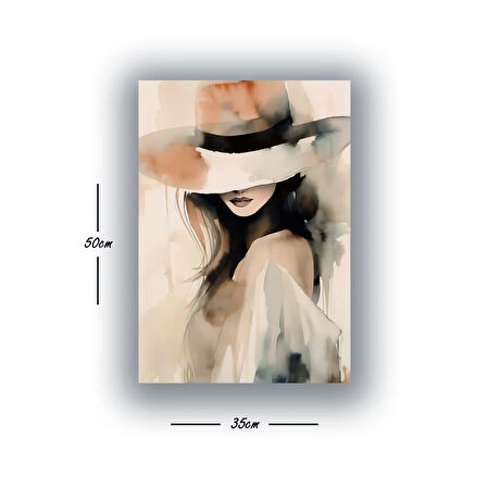 kadın şapka sulu boya görünümlü baskılı kanvas duvar tablosu