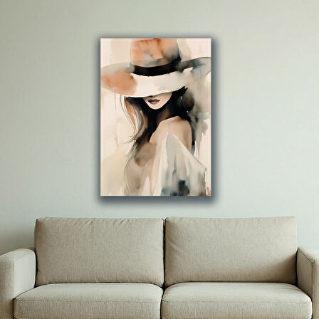 kadın şapka sulu boya görünümlü baskılı kanvas duvar tablosu