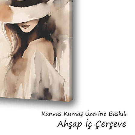 kadın şapka sulu boya görünümlü baskılı kanvas duvar tablosu